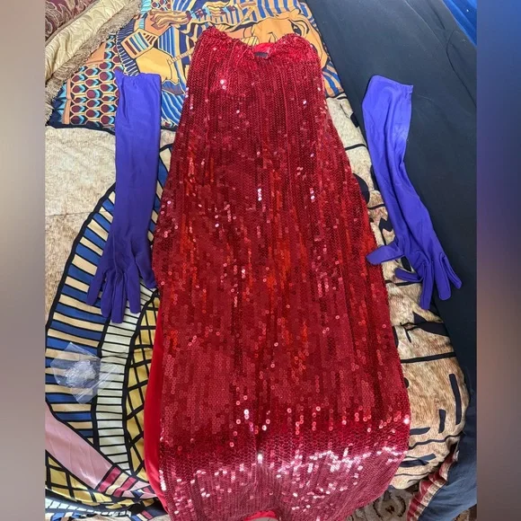 Red Sequin Jessica Rabbit Cosplay Party Dress with Purple Gloves